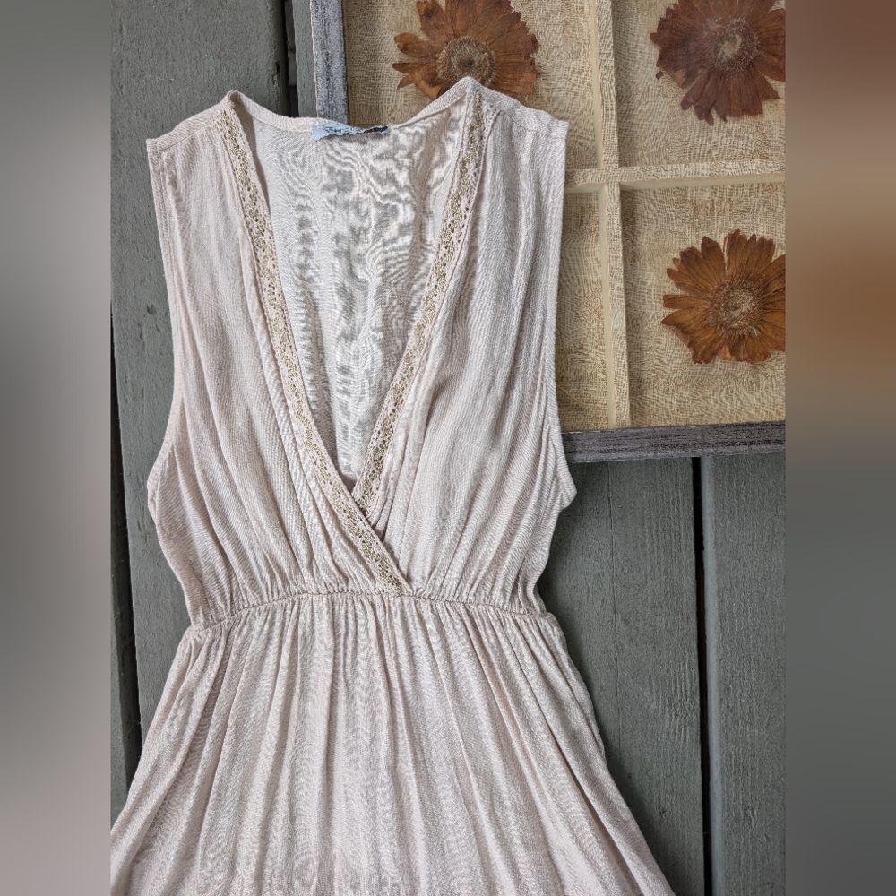 Elena Baldi Beige Linen Embroidered V-Neck Tiered‎ Sleeveless Midi Dress Size M - Picture 2 of 7